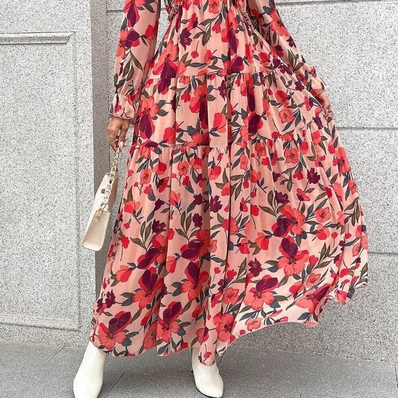 Multicolor Boho Women's Allover Floral Print Lantern Sleeve Ruffle Hem Dress - Picture 4 of 6